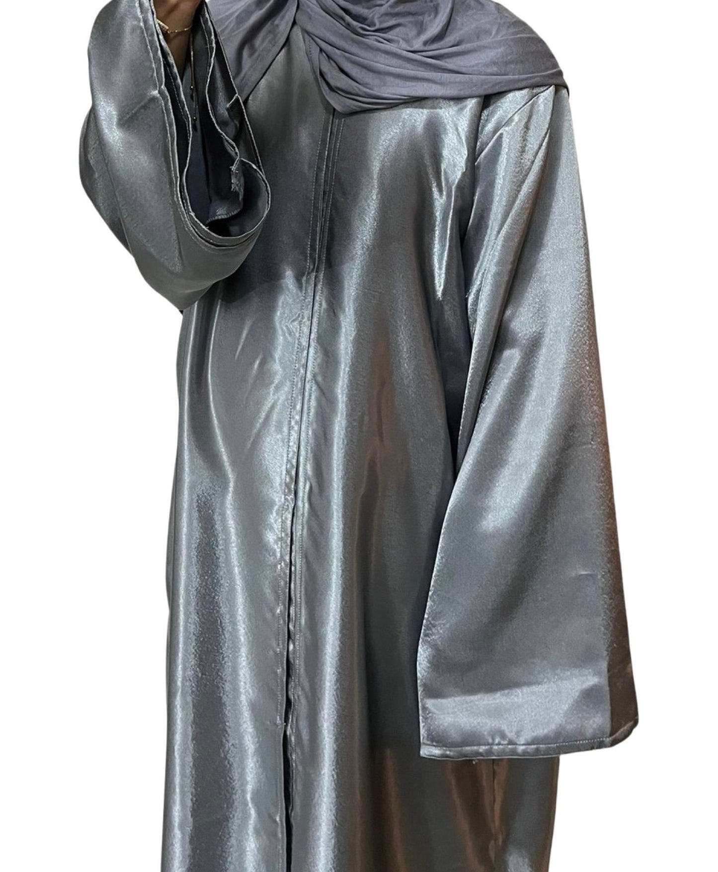 Silver Satin Open and Closed Abayas